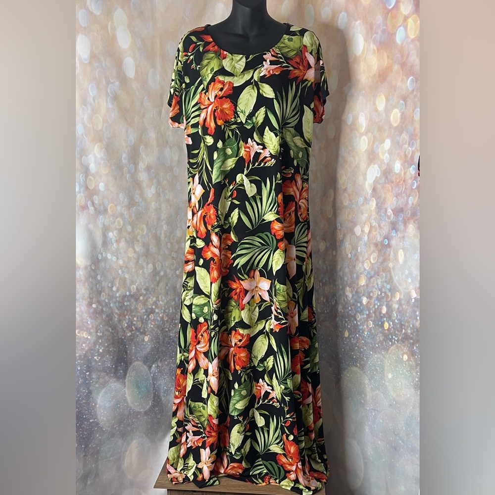 Attitudes by Renee Black Tropical Cap Sleeve Como Jersey Maxi Dress size L
